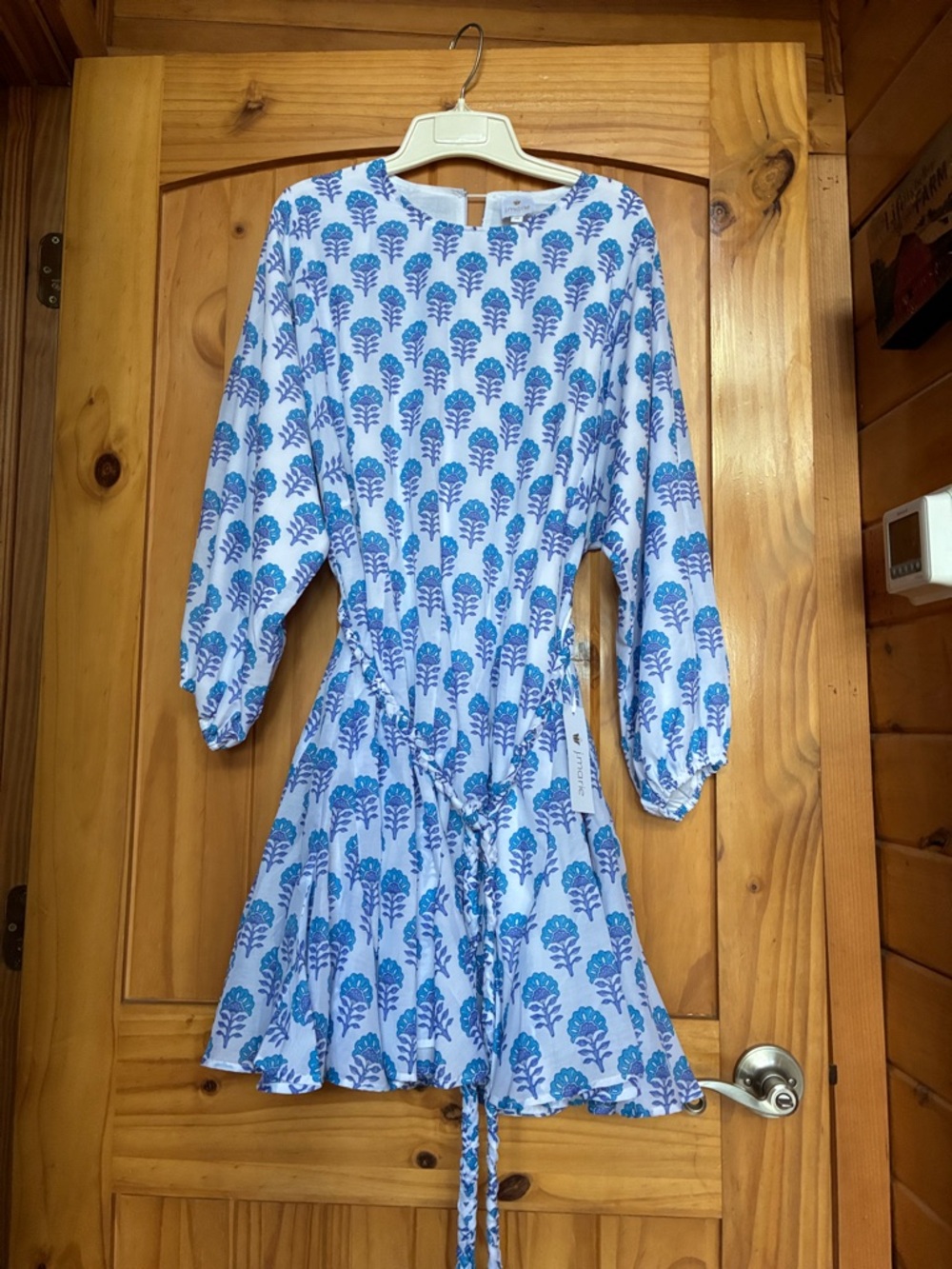 J. Marie NWT XL‎ Larson Rope Dress Voile Cotton Indian Block Print White Blue